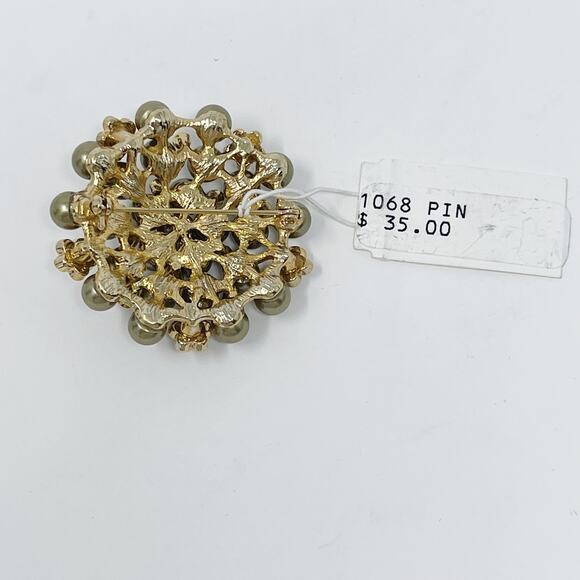 New Jokara Floral Gemstone and Beaded Brooch Pin Green Sage Gemstone - Picture 4 of 6